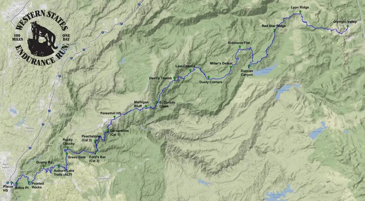 Karte des Western States 100 Endurance Run. Die Route f&uuml;hrt durch bergiges Gel&auml;nde mit markierten Kontrollpunkten wie Quarry Rd, Foresthill HS und Lyon Ridge.
