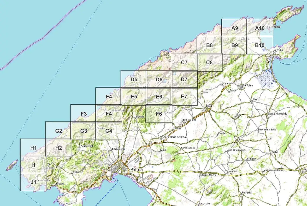 Karte von Mallorca mit Rasterfeldern für einen fernwanderweg. Die Felder sind mit Buchstaben und Zahlen gekennzeichnet, z.B. A9, B8, C7, D6, E5, F4, G3, H2, I1, J1.