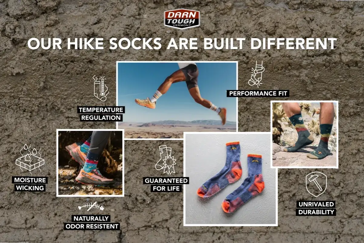 Welche Socken zum Wandern? Diese Darn Tough Socken bieten Temperaturregulierung, Feuchtigkeitsableitung und sind garantiert lebenslang haltbar.