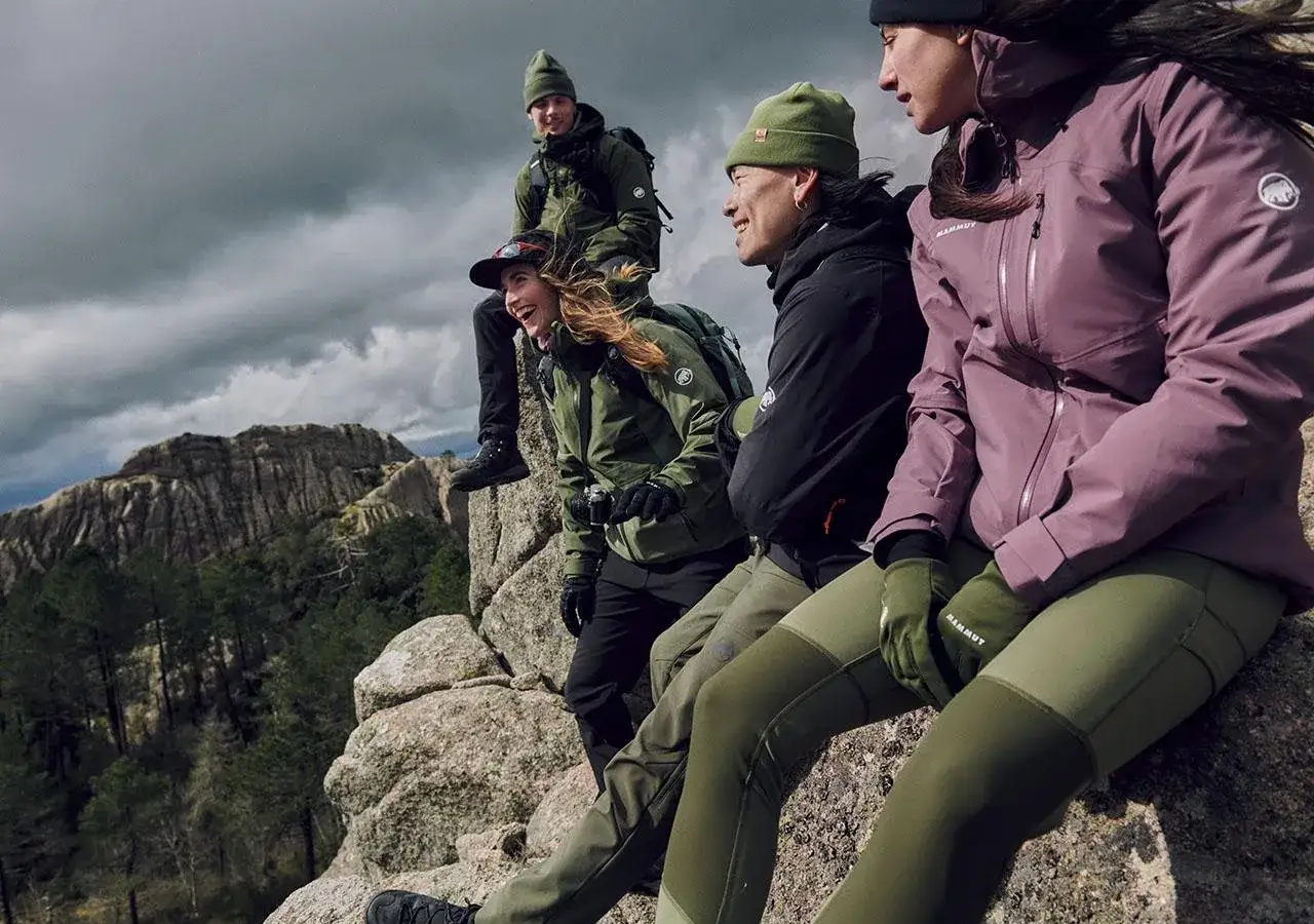 Vier Freunde genießen die Aussicht auf einem Felsen. Die Frage