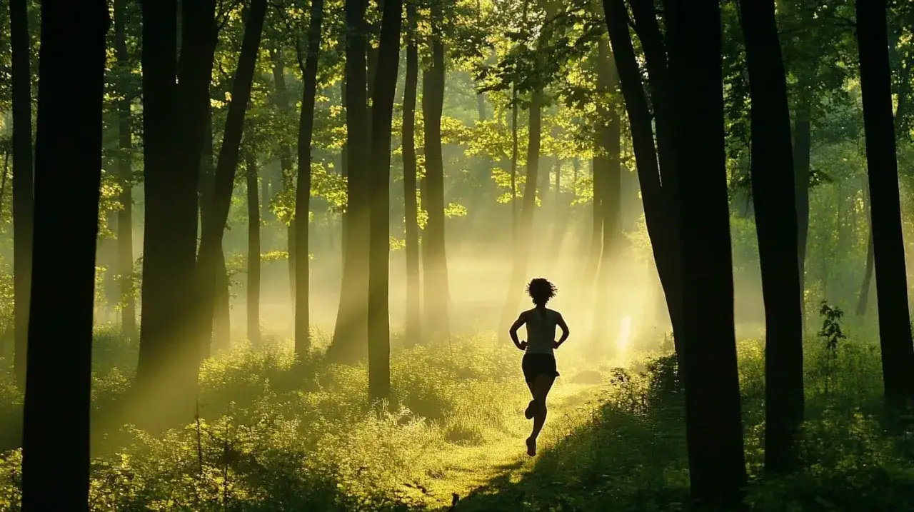 Silhouette einer Frau, die morgens joggen geht, im Sonnenlicht, das durch den Nebel im Wald f&auml;llt.