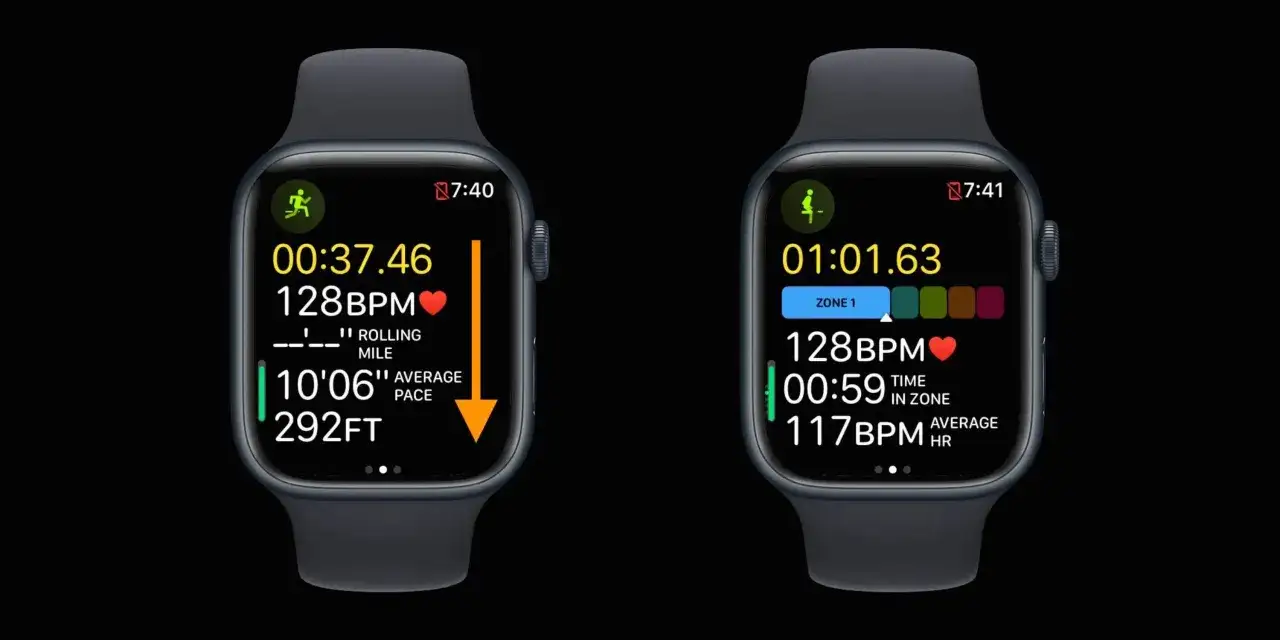 Zwei Smartwatches zeigen Trainingsdaten an. Eine zeigt 128 BPM, die andere 117 BPM, was auf eine gute Herzfrequenz f&uuml;r das Training hindeutet, aber die maximale Herzfrequenz ist nicht erreicht.