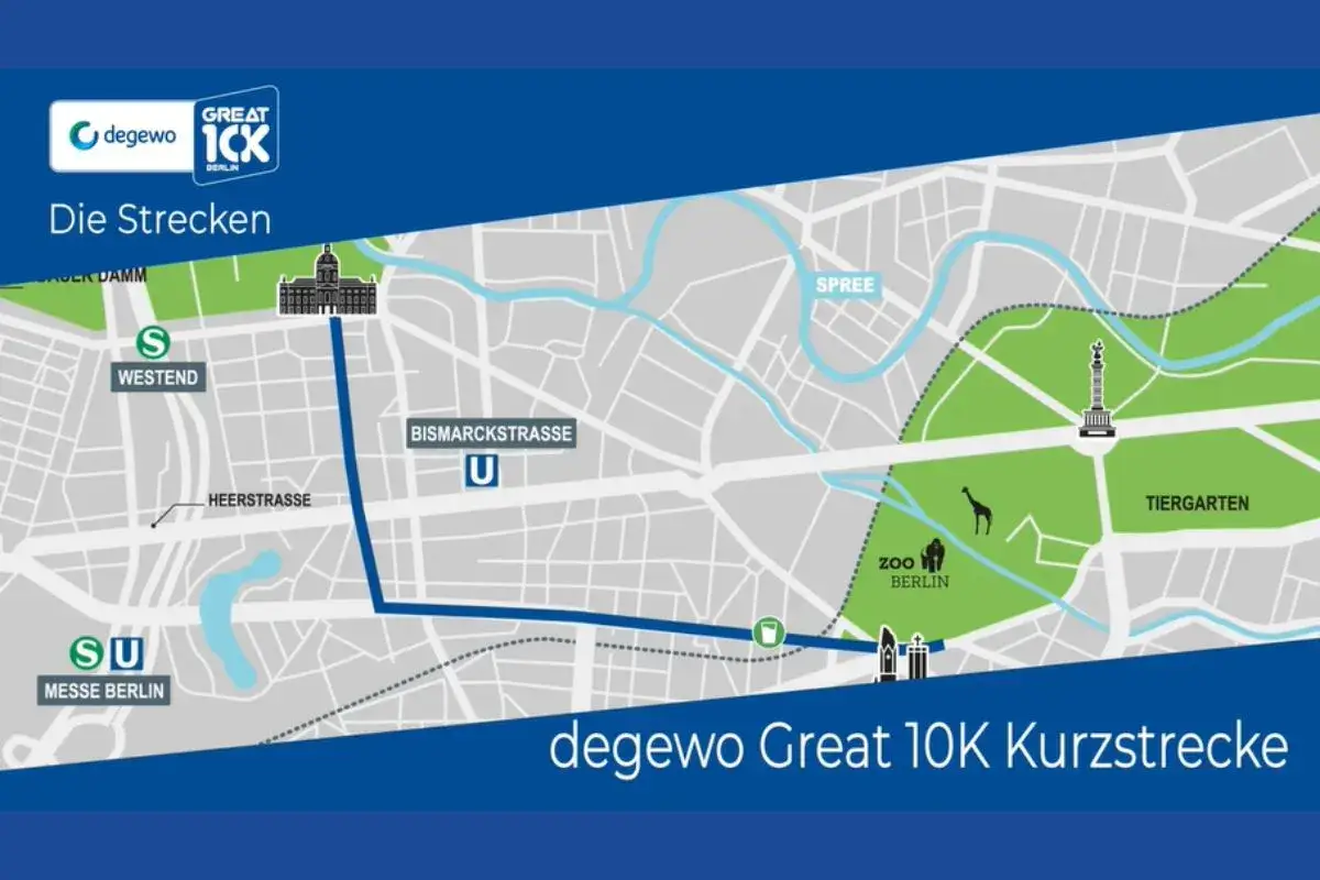 Karte der 10 km lauf berlin strecke: Start am Messe Berlin, vorbei am Zoo, durch den Tiergarten und entlang der Spree.