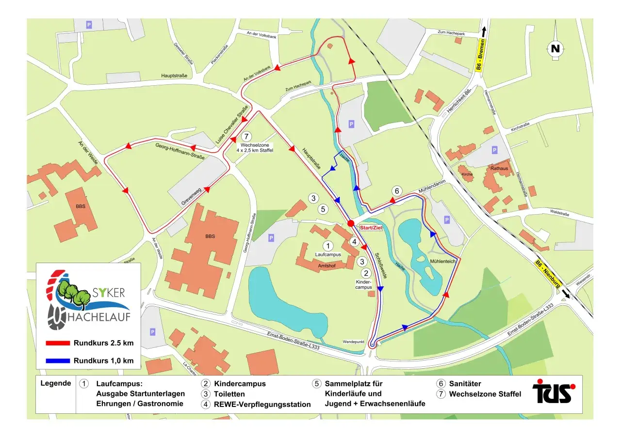 Karte des Hachelauf Syke mit Streckenführung für 2,5 km (rot) und 1 km (blau). Start/Ziel ist am Laufcampus.