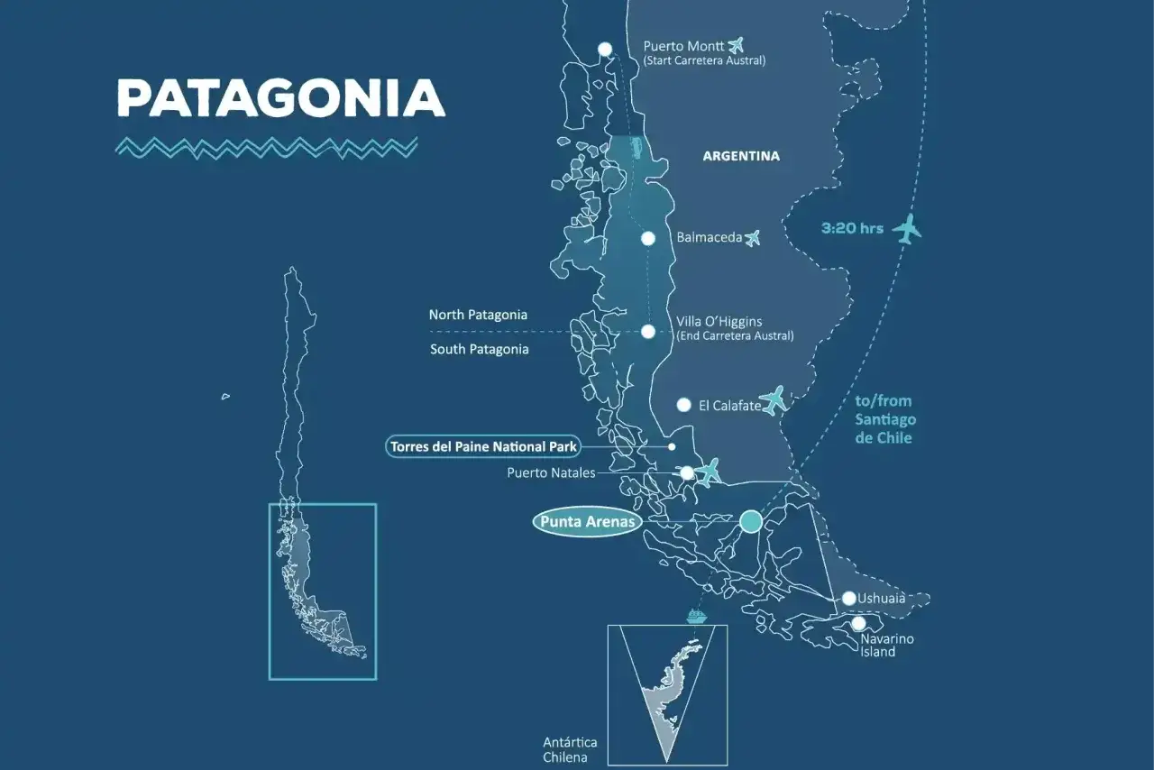 Karte zeigt, wo liegt Patagonien: südlichstes Südamerika, mit Orten wie Torres del Paine, Ushuaia und El Calafate.