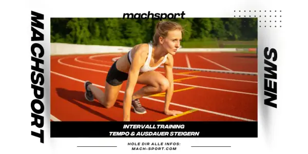 Läuferin in Startposition auf einer Laufbahn, bereit für lange strides. Intervalltraining für Tempo und Ausdauer.