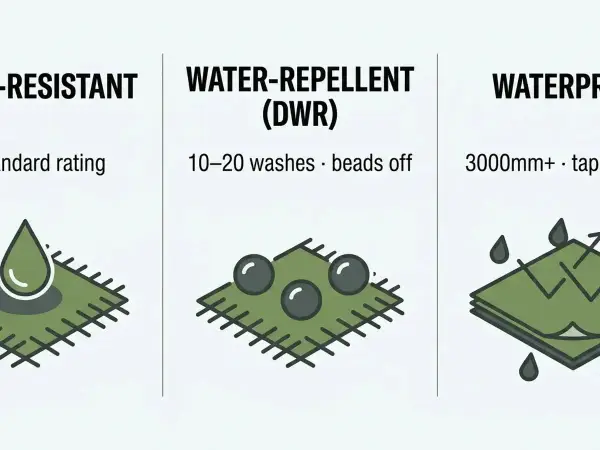 Vergleich von wasserabweisend und wasserdicht. Links: Tropfen perlt ab. Mitte: DWR-Beschichtung, Perlen bleiben auf dem Stoff. Rechts: Wasserdicht, Schichten mit versiegelten Nähten.