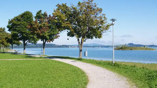 Ein Kiesweg führt am Ufer entlang, Bäume säumen den Panoramaweg Füssen. Blauer See und sanfte Hügel im Hintergrund.