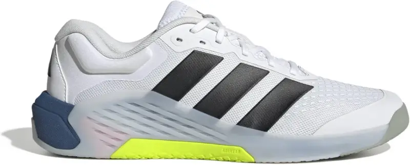 Weißer Trainingsschuh mit schwarzen Streifen, neon-gelber Sohle und blauem Fersen-Detail. Der adidas dropset 4 ist bereit für dein Workout.
